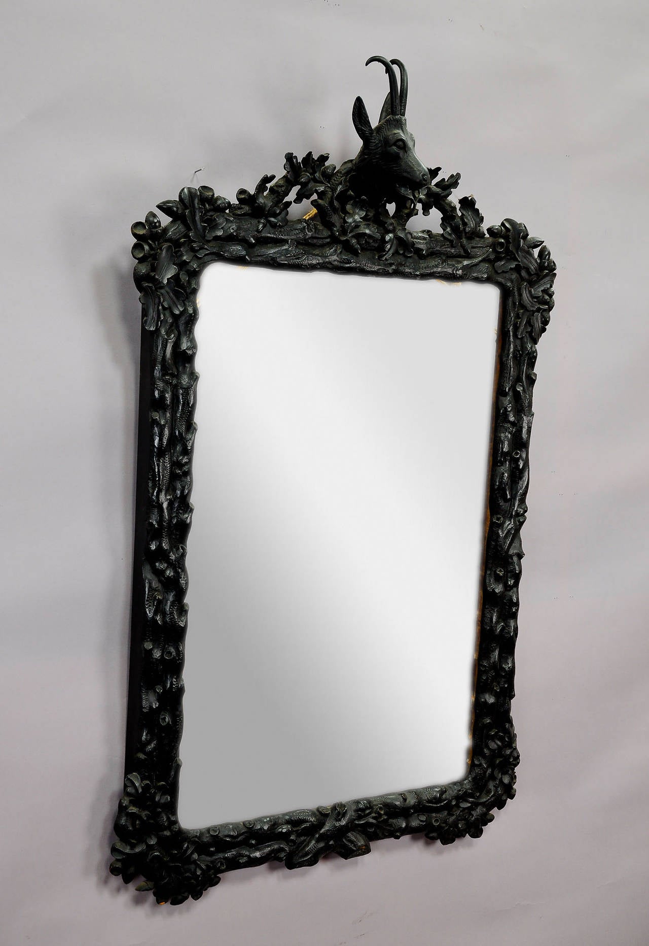 German Large Black Forest Wooden Carved Mirror with Chamois Head