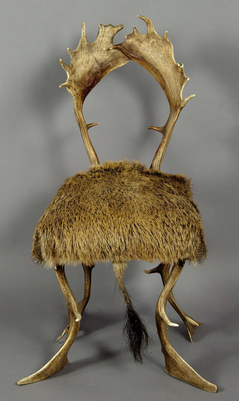 black forest antler chair with wildboar coat ca. 1860