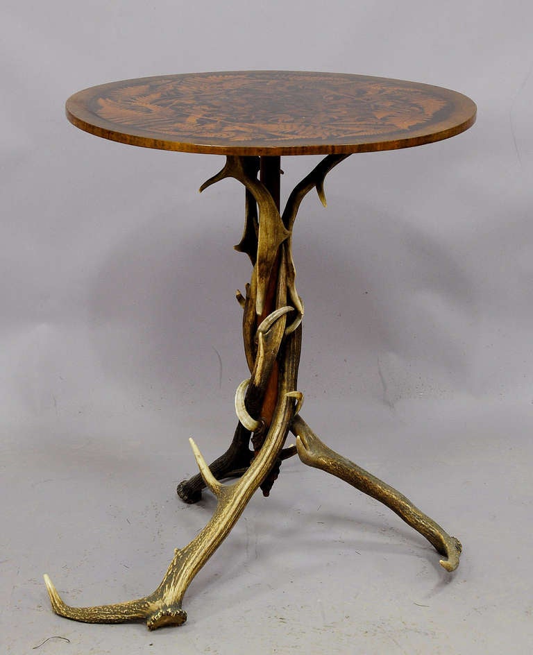 Austrian Antique Occasional Antler Table with Inlays
