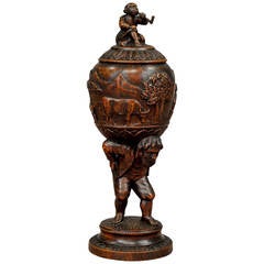 19th Century Figural Carved Wood Folk Art Humidor Tobacco Box