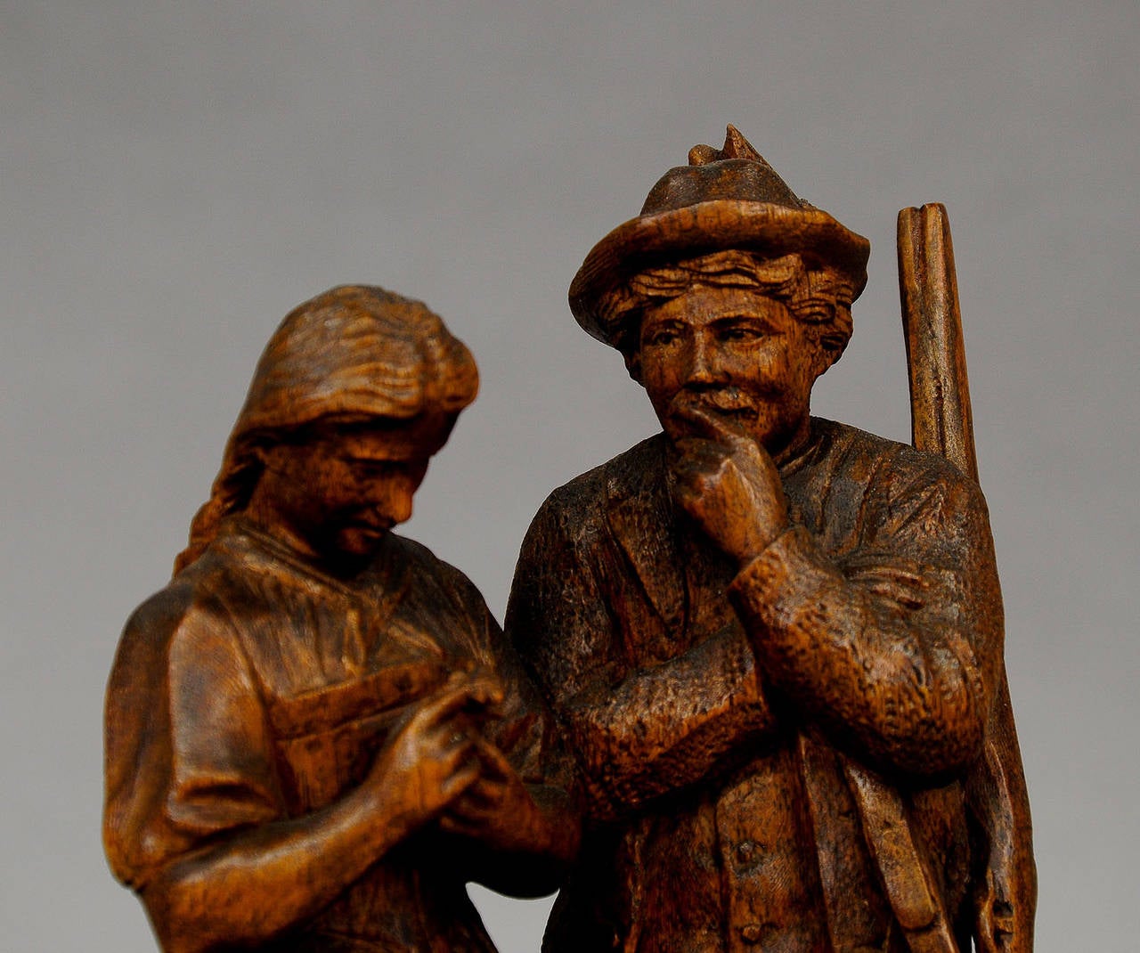 Black Forest Great Carved Wood Hunter with Maid, Swiss Brienz