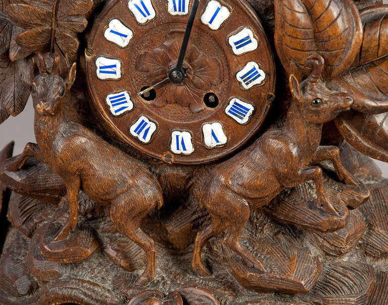 Black Forest Carved Wood Chamois Mantel Clock In Excellent Condition In Berghuelen, DE