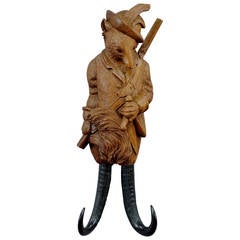 Antique Wood Carved Hunter and Fox Whip Holder