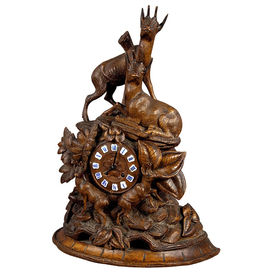 Black Forest Carved Wood Chamois Mantel Clock