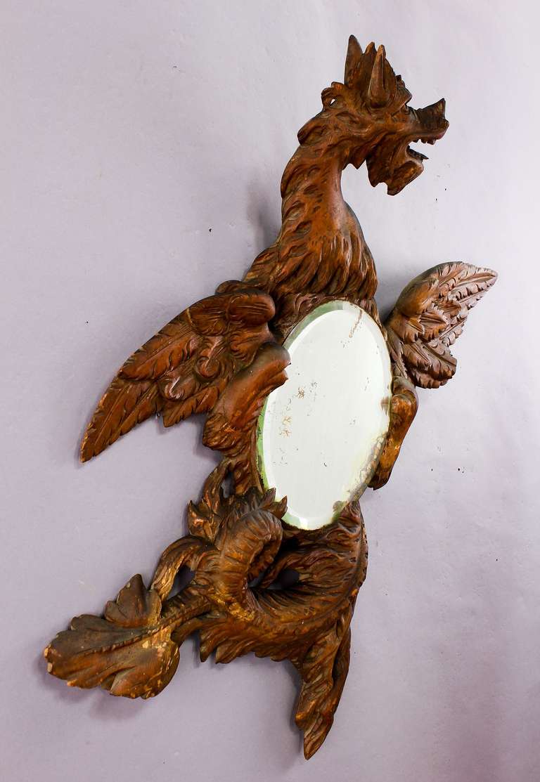 Antique Carved Wood Dragon Mirror, Circa 1900 In Good Condition In Berghuelen, DE