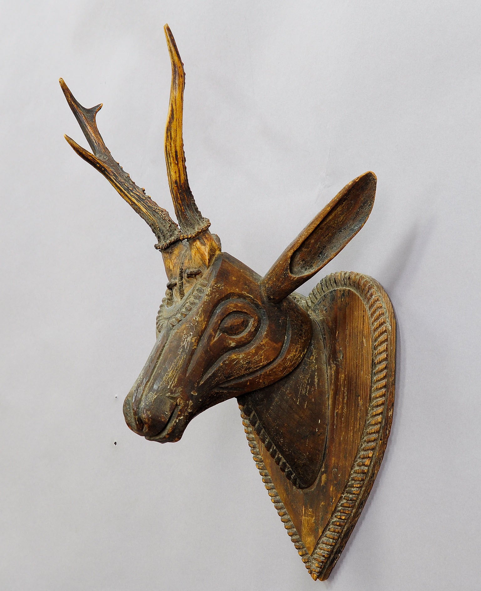 Black Forest Folksy Carved Wood Deer Head, circa 1880