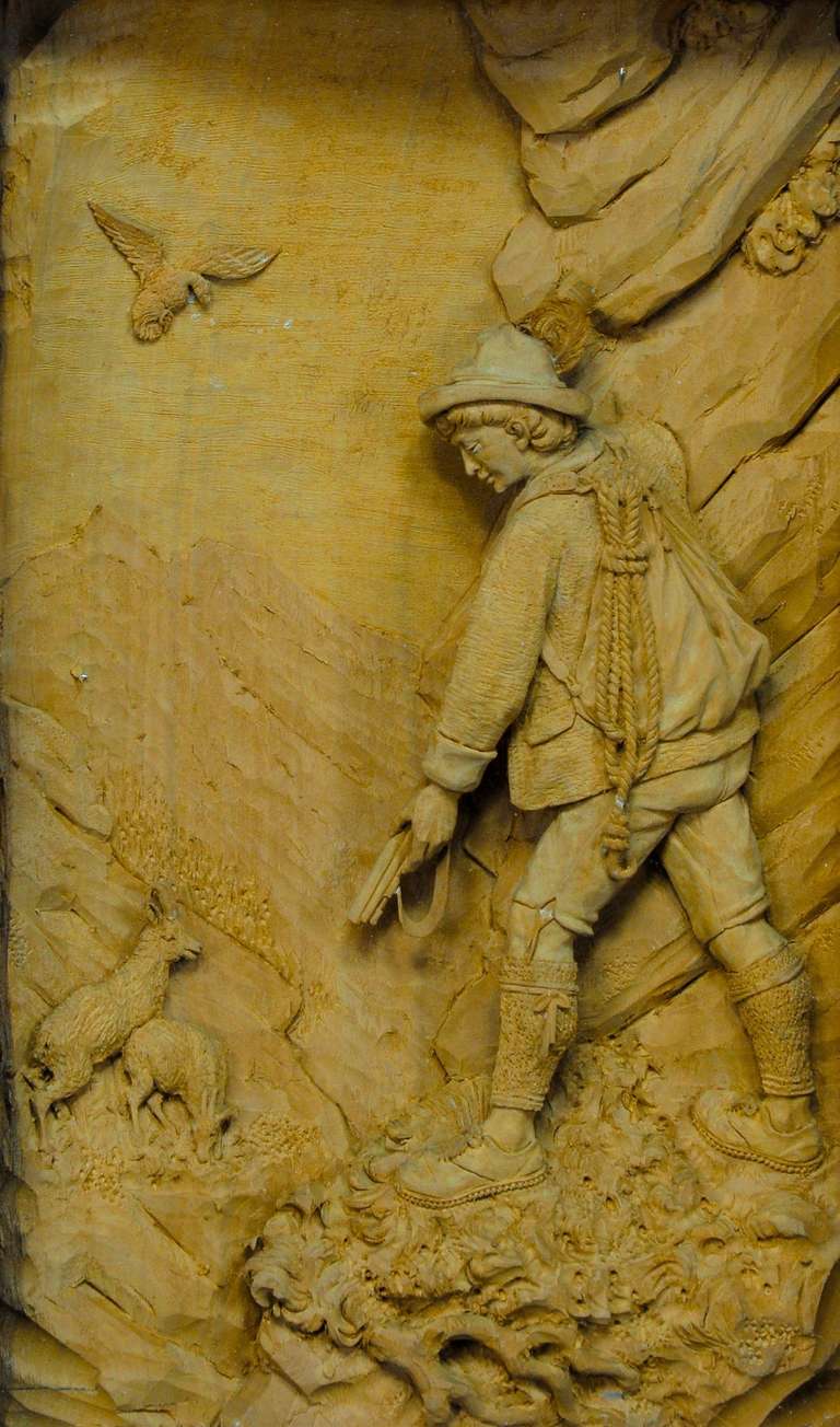 Fein geschnitztes Holzdiorama Wilderer in den Alpen von Steiner:: Meran:: um 1900 (Italienisch)