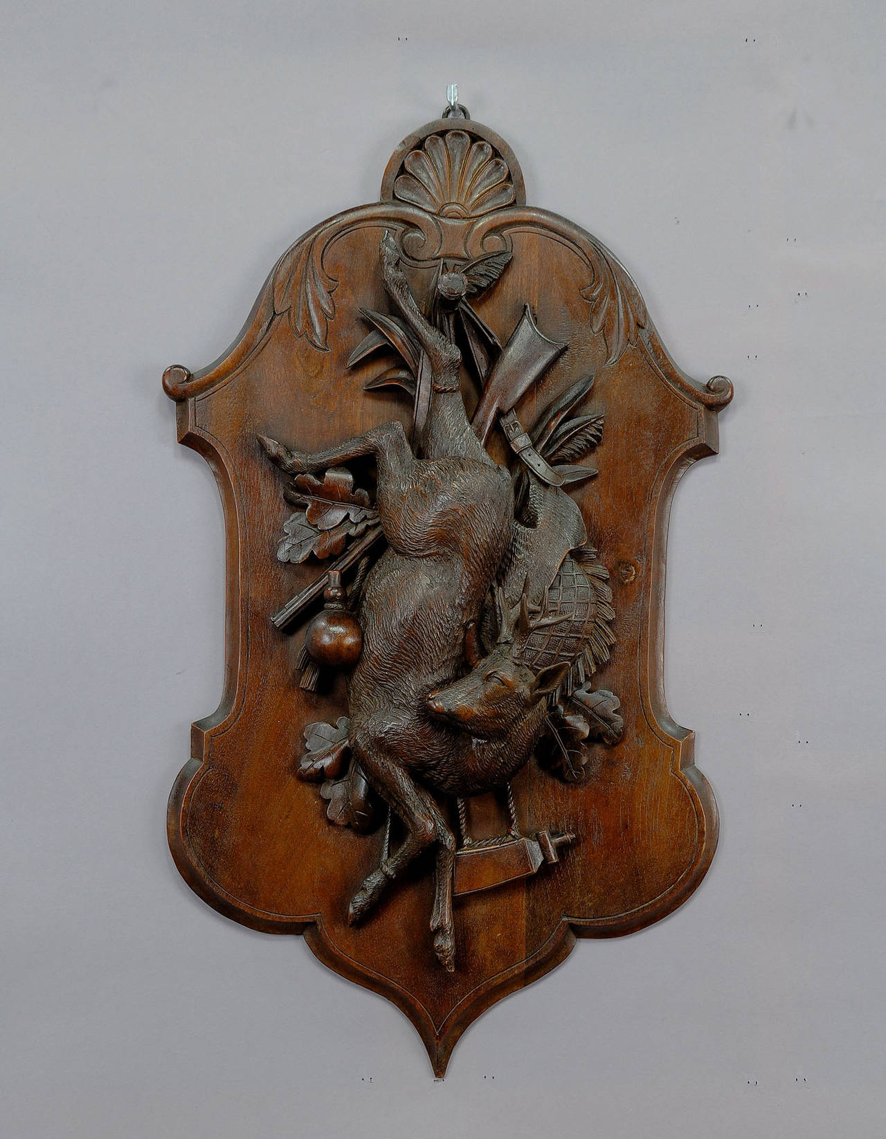 German Pair of Antique Black Forest Carved Wood Game Plaques of a Deer and Pheasant