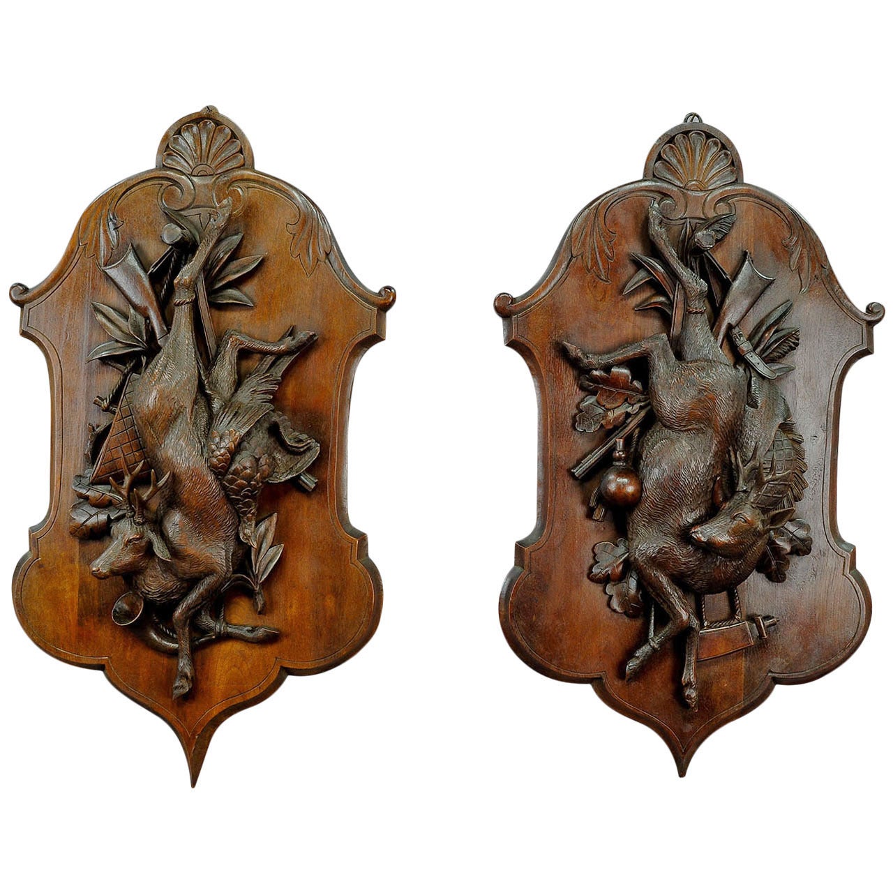 Pair of Antique Black Forest Carved Wood Game Plaques of a Deer and Pheasant