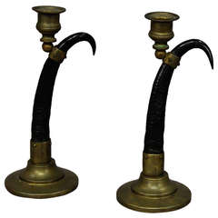 Pair of Candlesticks with Real Chamois Horns, 19th Century