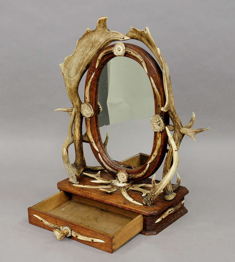 German Antique Carved Wood Vanity Mirror with Antler Decorations