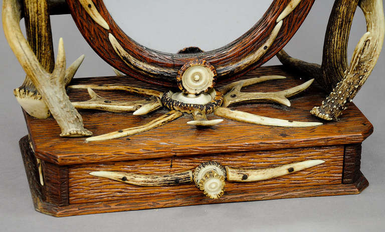 Antique Carved Wood Vanity Mirror with Antler Decorations 2