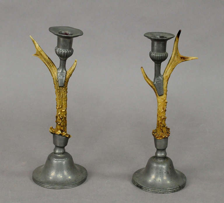 A pair most decorative candleholders, made of deer antler, base and spouts casted pewter. Executed, circa 1900.