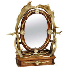 Antique Carved Wood Vanity Mirror with Antler Decorations