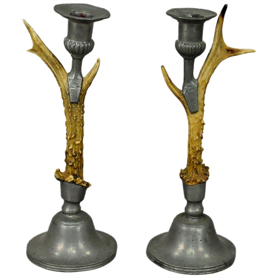 Antique Black Forest Antler Candleholders with Pewter Spouts