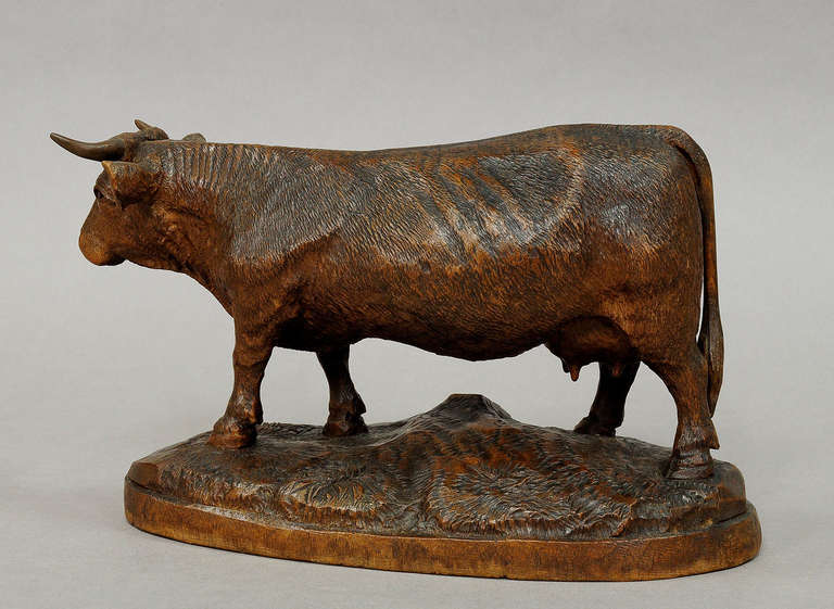 20th Century Large Carved Wood Cow, Swiss Brienz, circa 1900