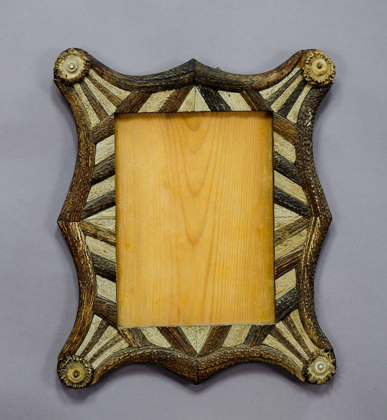 An antique Black Forest antler picture frame. A wooden frame decorated with elaborate antler marquetry and turned Horn roses. manufactured in the so called blondel style as it can be seen at castle trautenfels in Austria. Back with handwritten