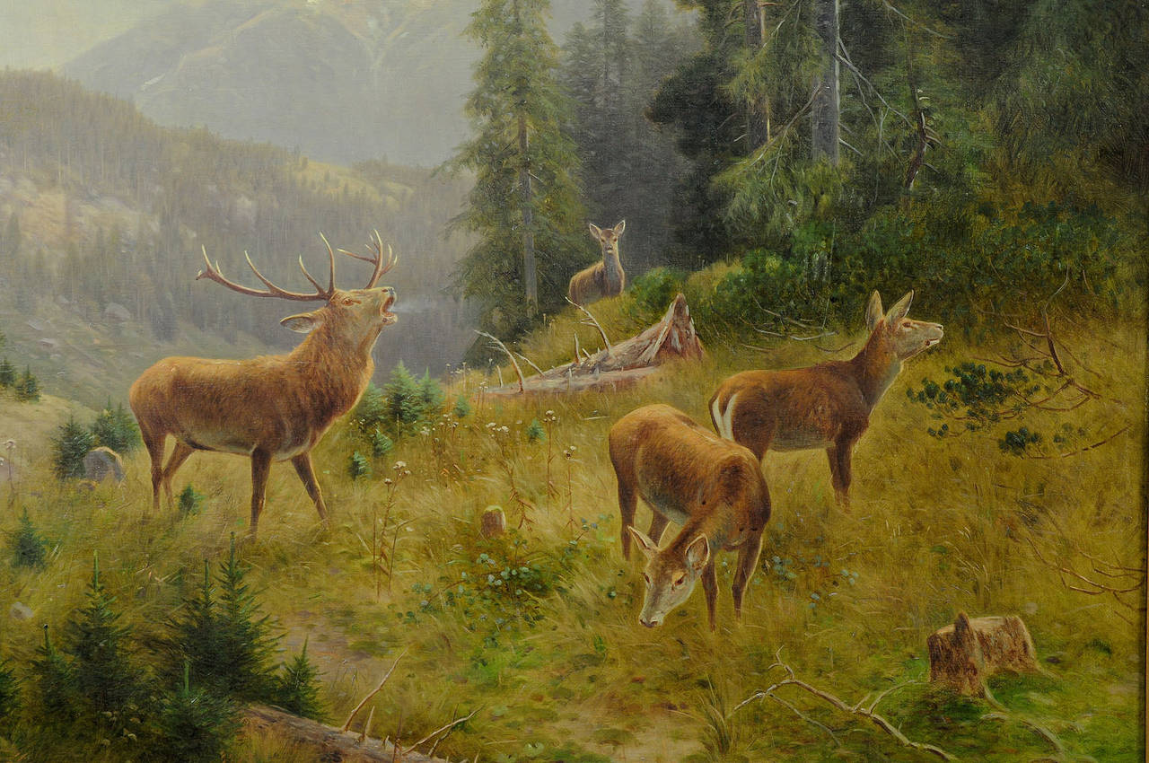 An original antique oil painting showing a stag with does in the forest. Oil on canvas, painted and signed by Ludwig Skell Munich (1842-1905), circa 1905. On the back paper label with title, reframed.