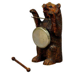 Antique Wooden Carved Bear with Table Gong, Brienz, 1900