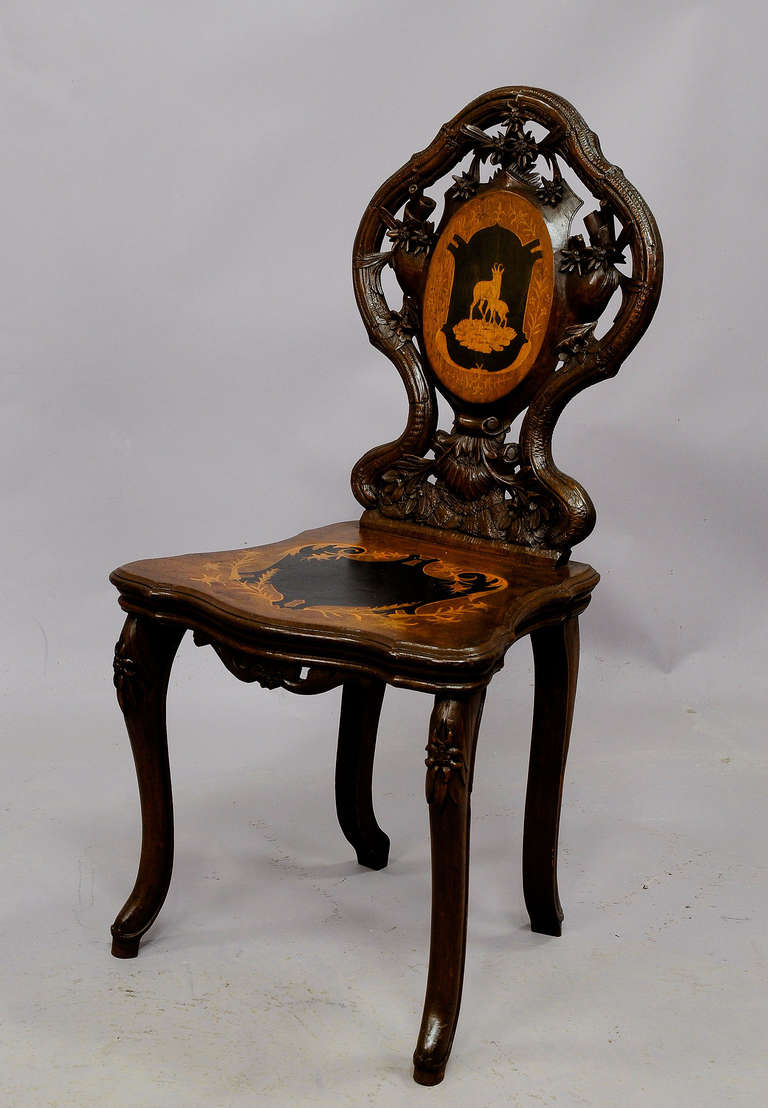 Black Forest Pair of Walnut Edelweiss Chairs, Swiss, 1900