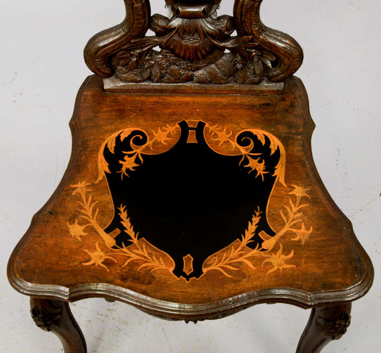Wood Pair of Walnut Edelweiss Chairs, Swiss, 1900