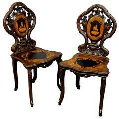 Antique Pair of Walnut Edelweiss Chairs, Swiss, 1900