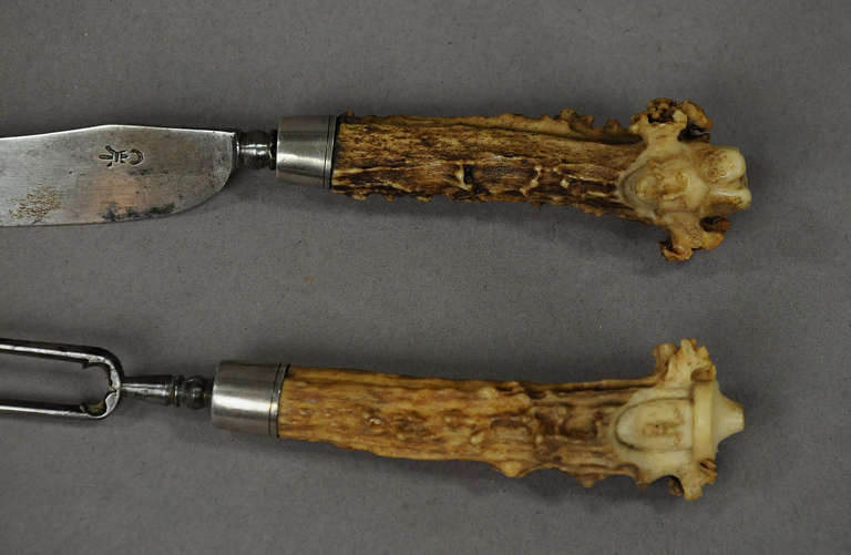 18th Century and Earlier early figural carved horn serving flatware 1700