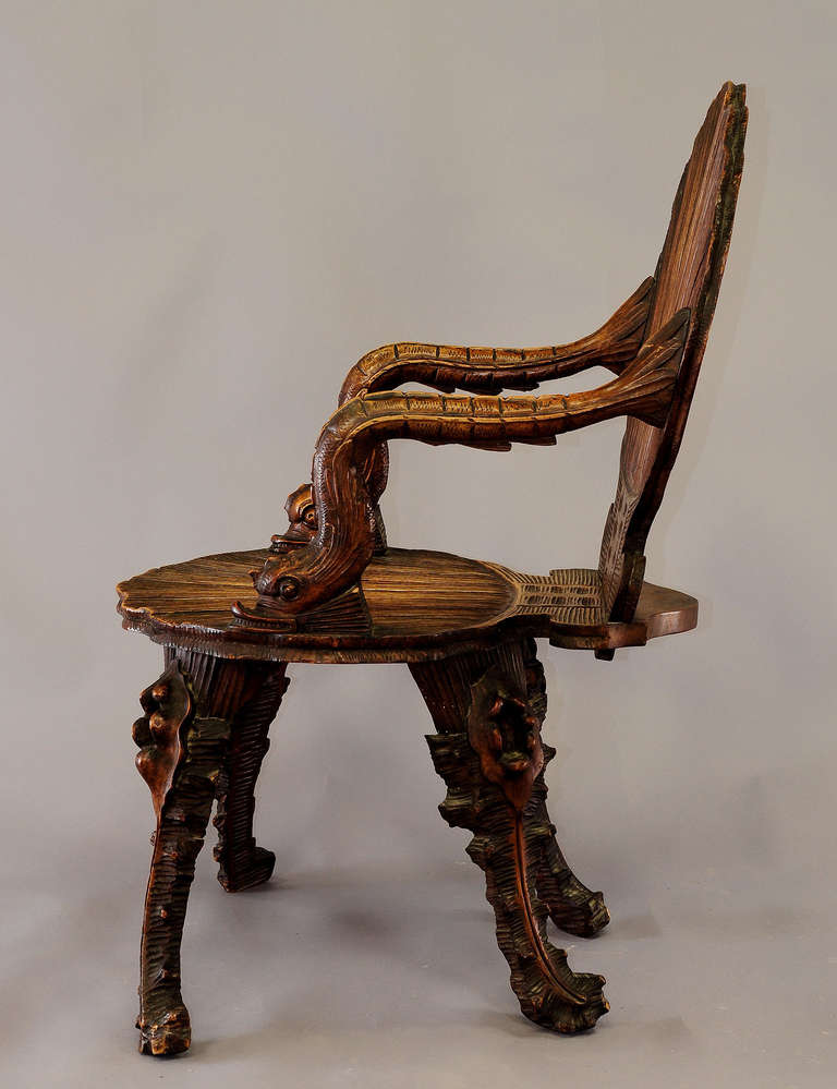 19th Century Antique Wooden Carved Grotto Armchair, circa 1880