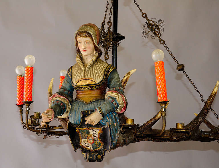 German Antique Carved Wood Lusterweibchen of a Victorian Lady