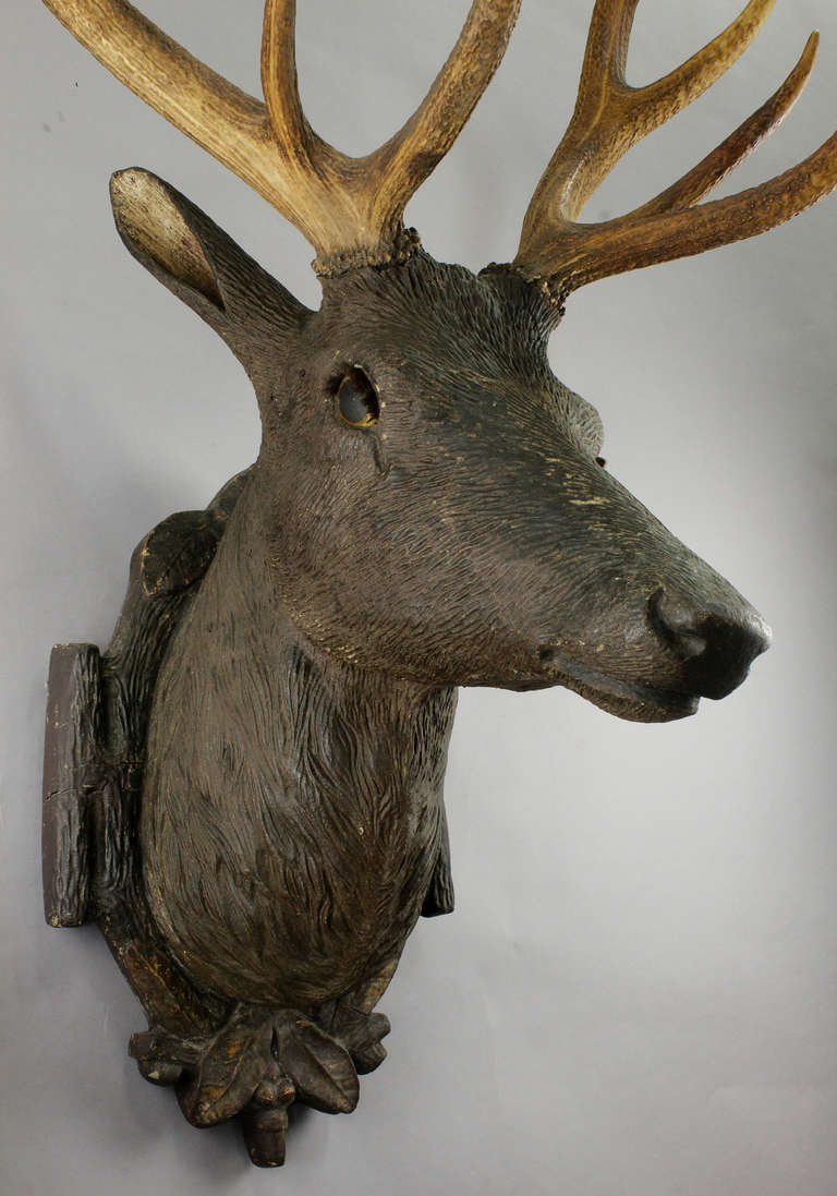 German Black Forest Wooden Carved Stag Head Ca. 1900
