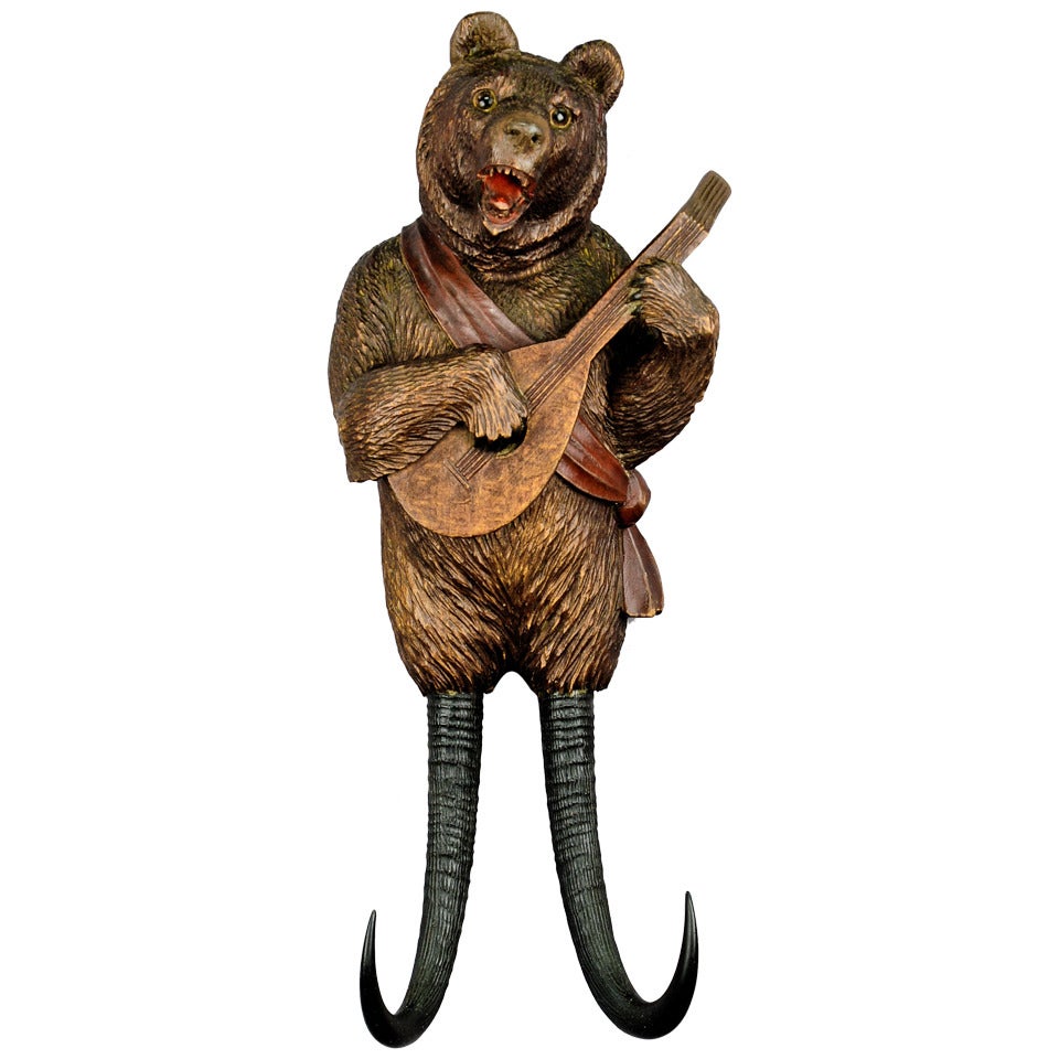 Black Forest Carved Wood Bear Whip Holder with Music - Brienz ca. 1890