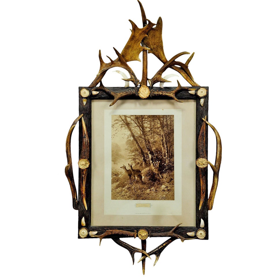 black forest antler picture frame with deer print ca. 1900