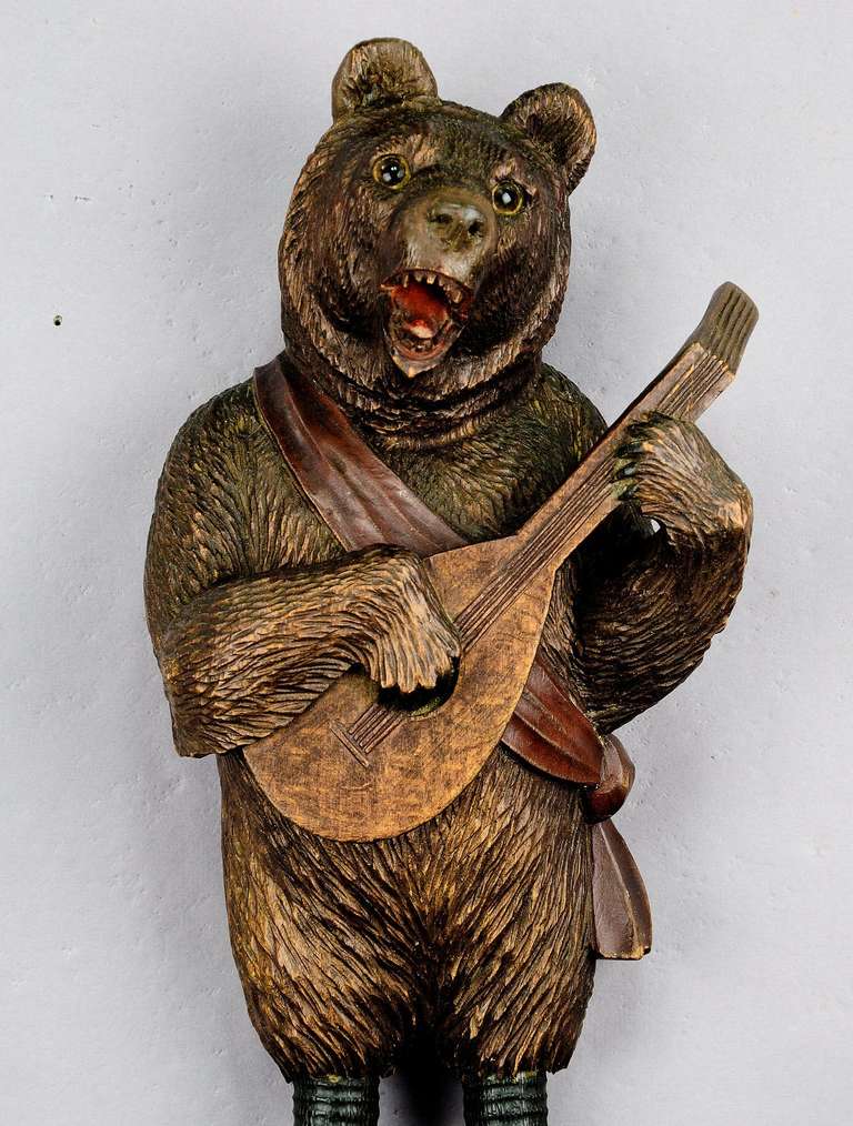 Swiss Black Forest Carved Wood Bear Whip Holder with Music - Brienz ca. 1890