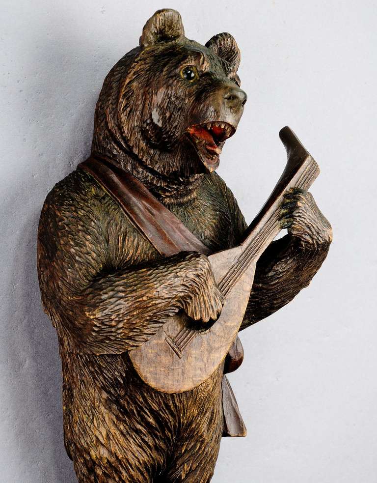 19th Century Black Forest Carved Wood Bear Whip Holder with Music - Brienz ca. 1890