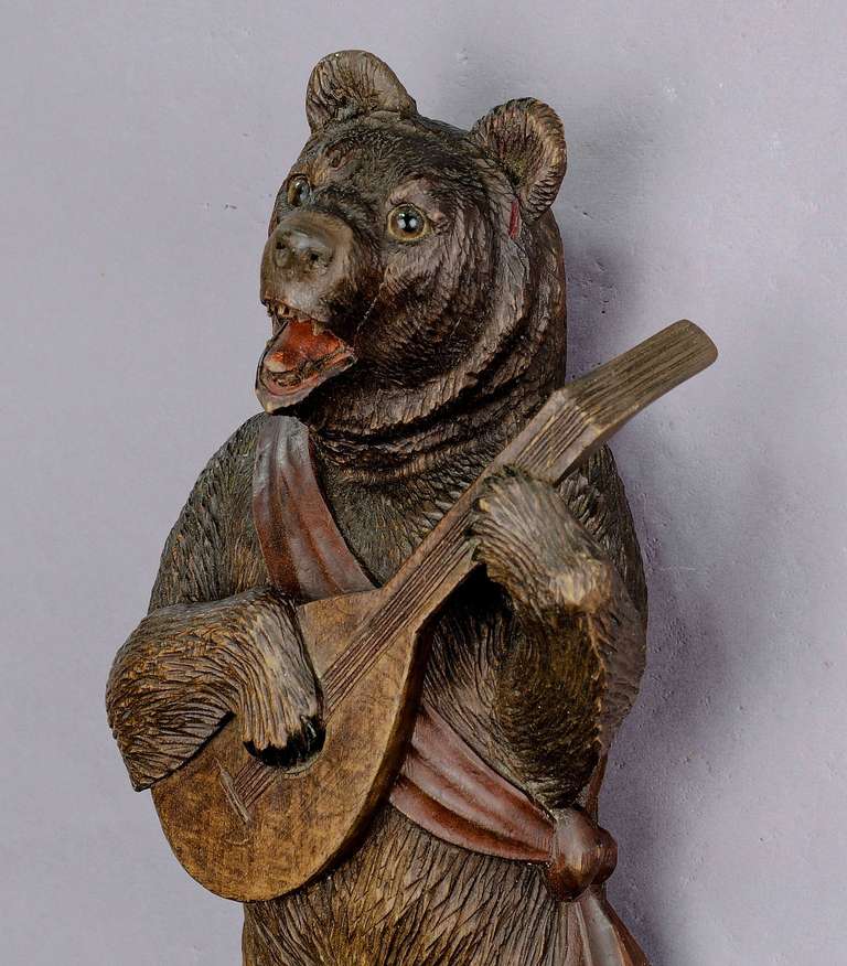 Black Forest Carved Wood Bear Whip Holder with Music - Brienz ca. 1890 1
