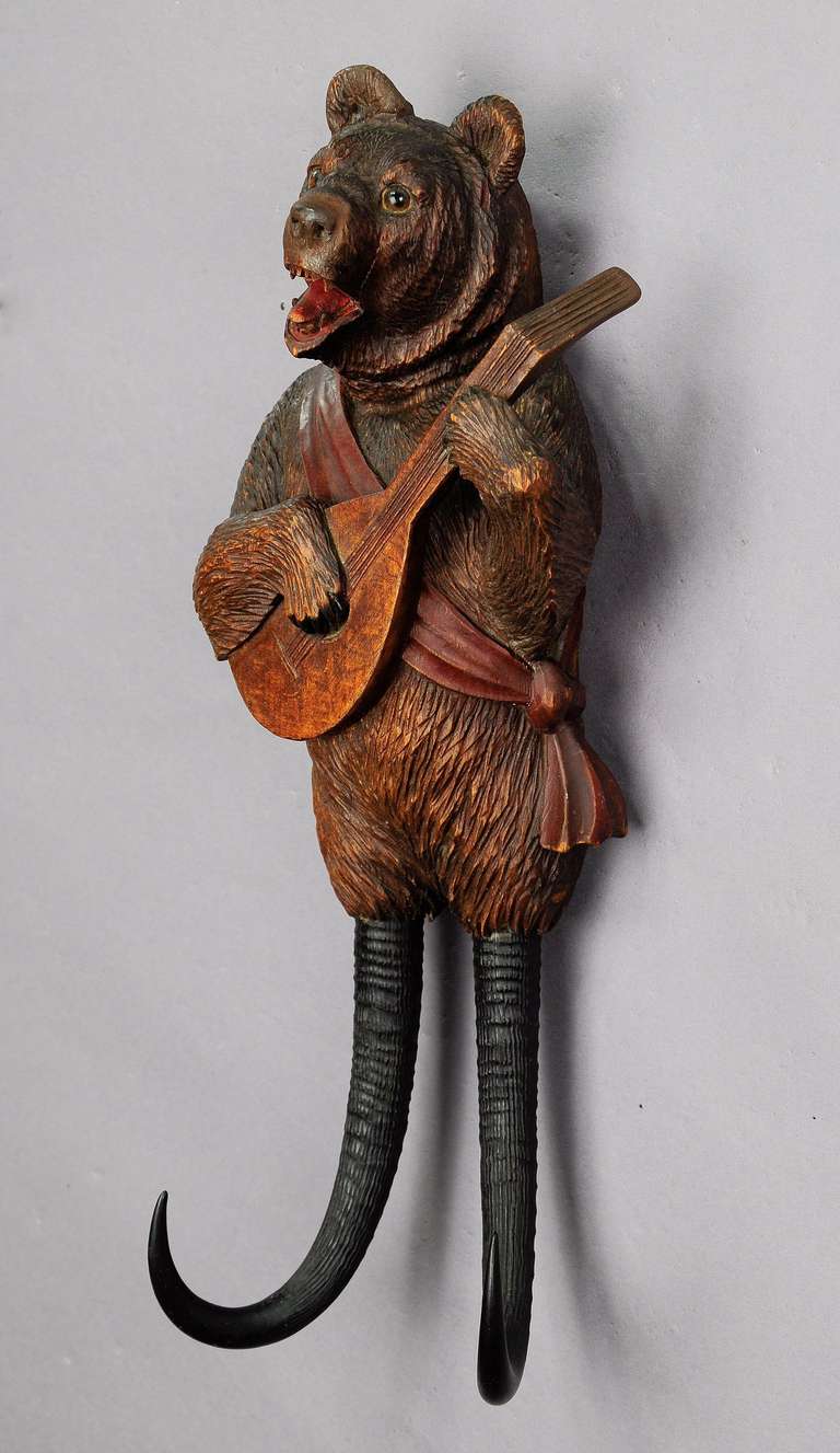 Black Forest Carved Wood Bear Whip Holder with Music - Brienz ca. 1890 2