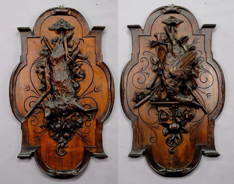 pair black forest carved wood game plaques with fox and duck