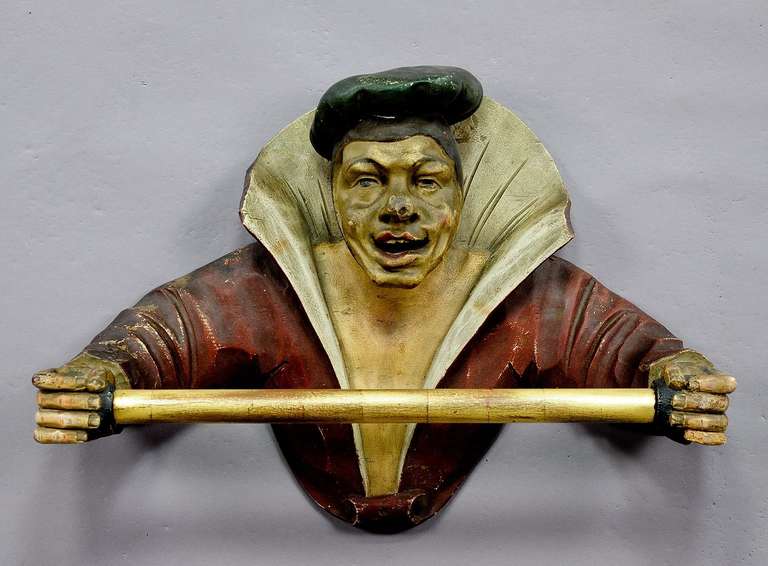 Fine Carved Wood Towel Holder With Jester Face