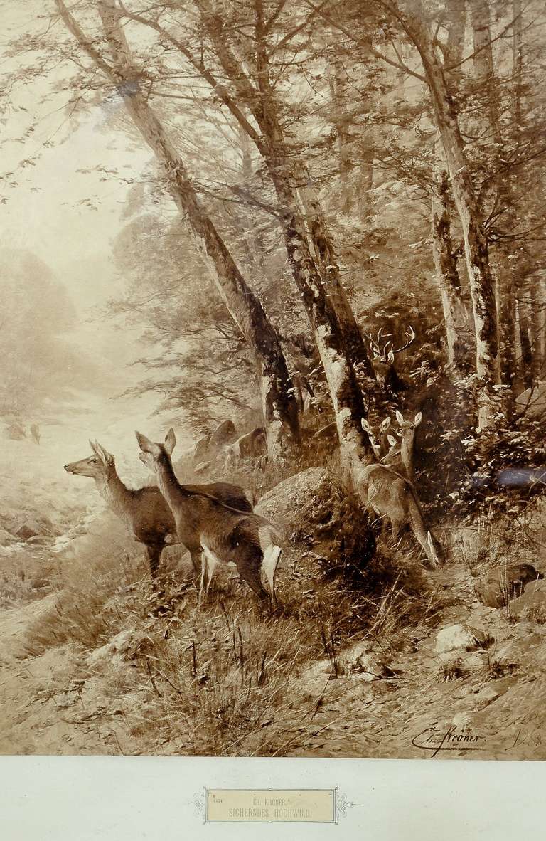 Wood black forest antler picture frame with deer print ca. 1900