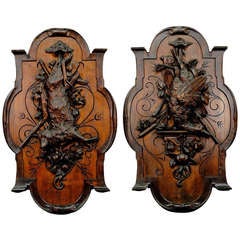 pair black forest carved wood game plaques with fox and duck