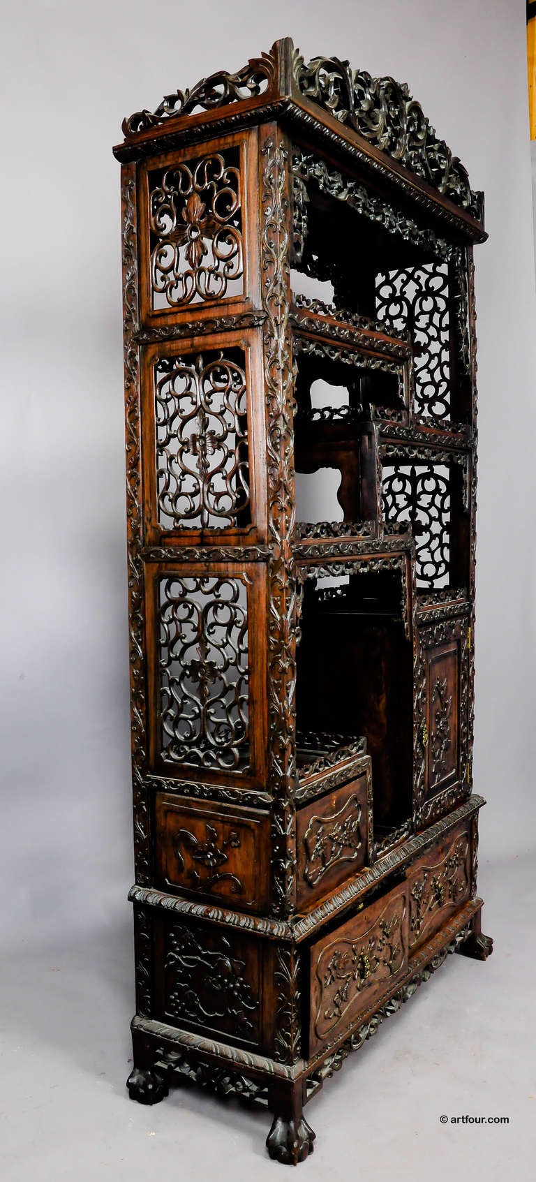 Wood Large Carved Chinese Bookcase Ca. 1900