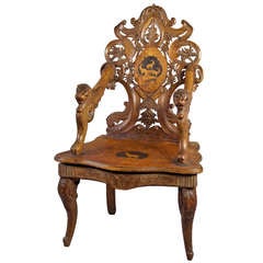 Carved and Inlaid Edelweis Chair with Musical Work, Swiss, 1900 5