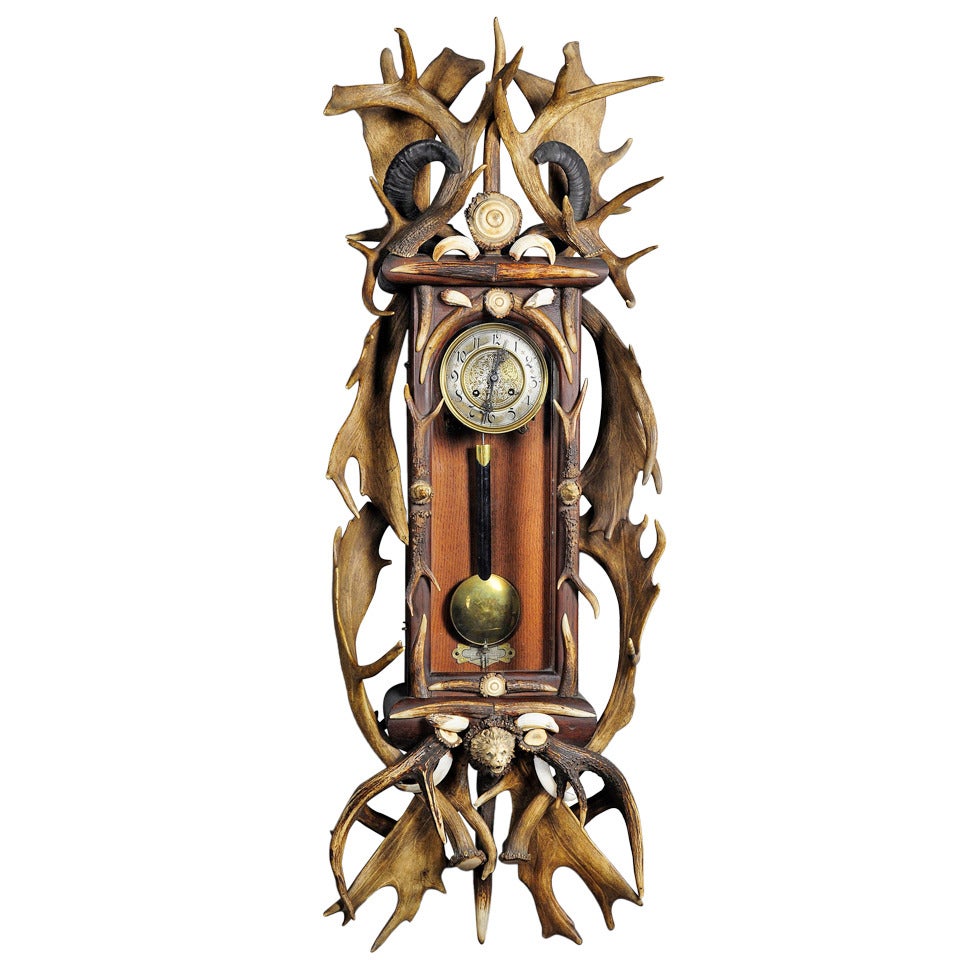Huge Antique Black Forest Antler Clock Regulator 1900