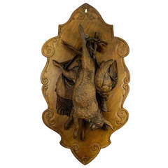 Antique Fine Carved Wood Game Plaque with Hare