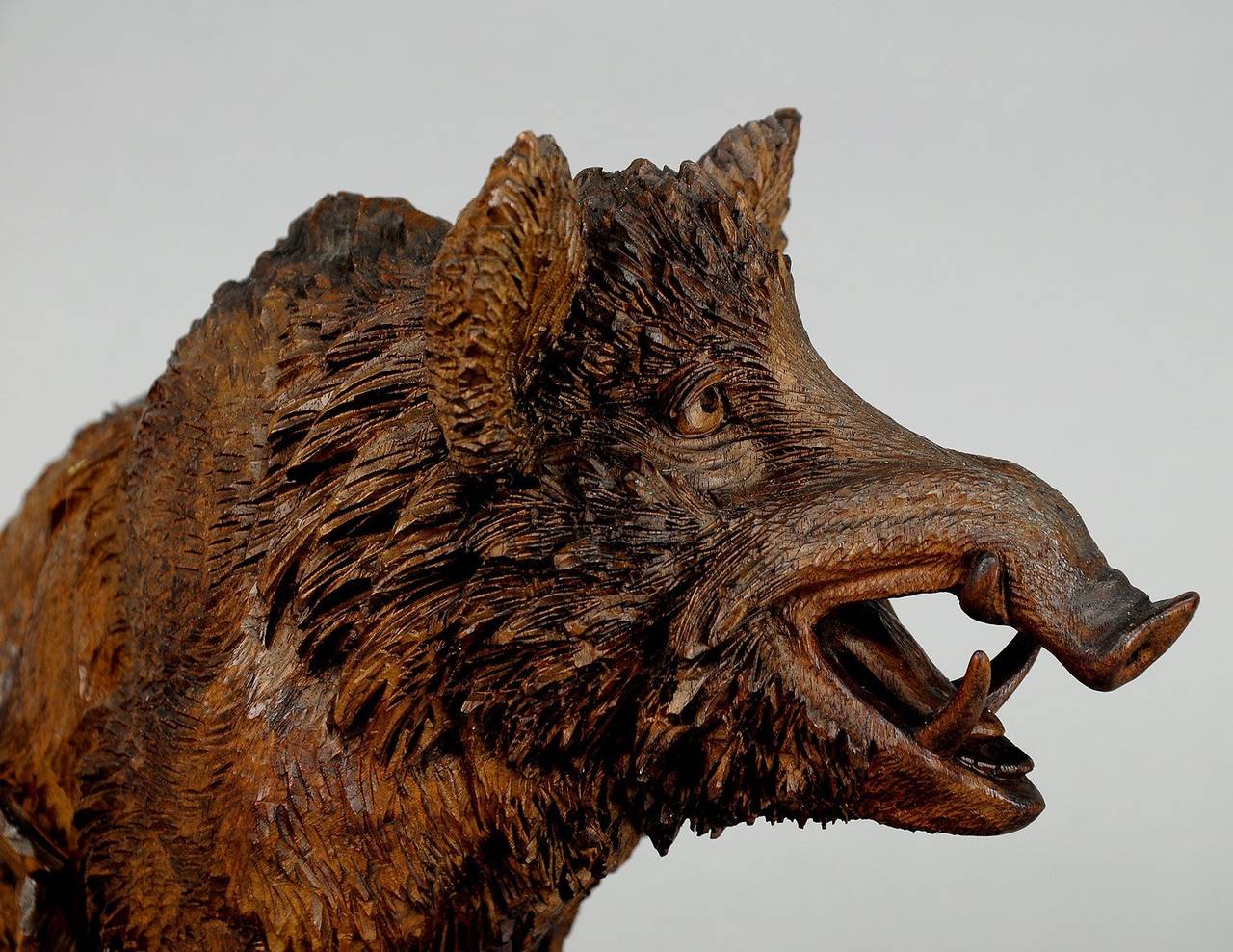 a large, impressive carved wood wild boar. made of lindenwood in the manner of peter burri, brienz ca. 1900.
length: 14.57