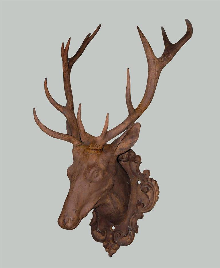Huge black forest stag head made of cast iron. also the plaque and the antlers are made of casted iron. the weight of this enormous stag head is circa 100 kg (circa 220 pounds). painted with antirust protection color. these heads have been casted