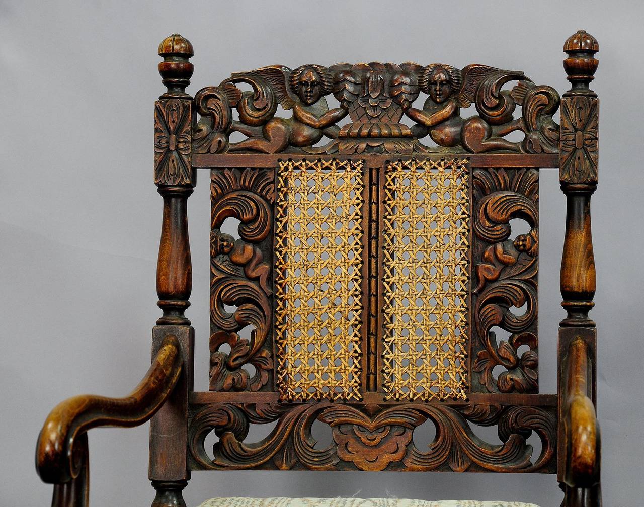 19th Century Pair of Carved Wood Armchairs with Great Cherub Carvings, circa 1900