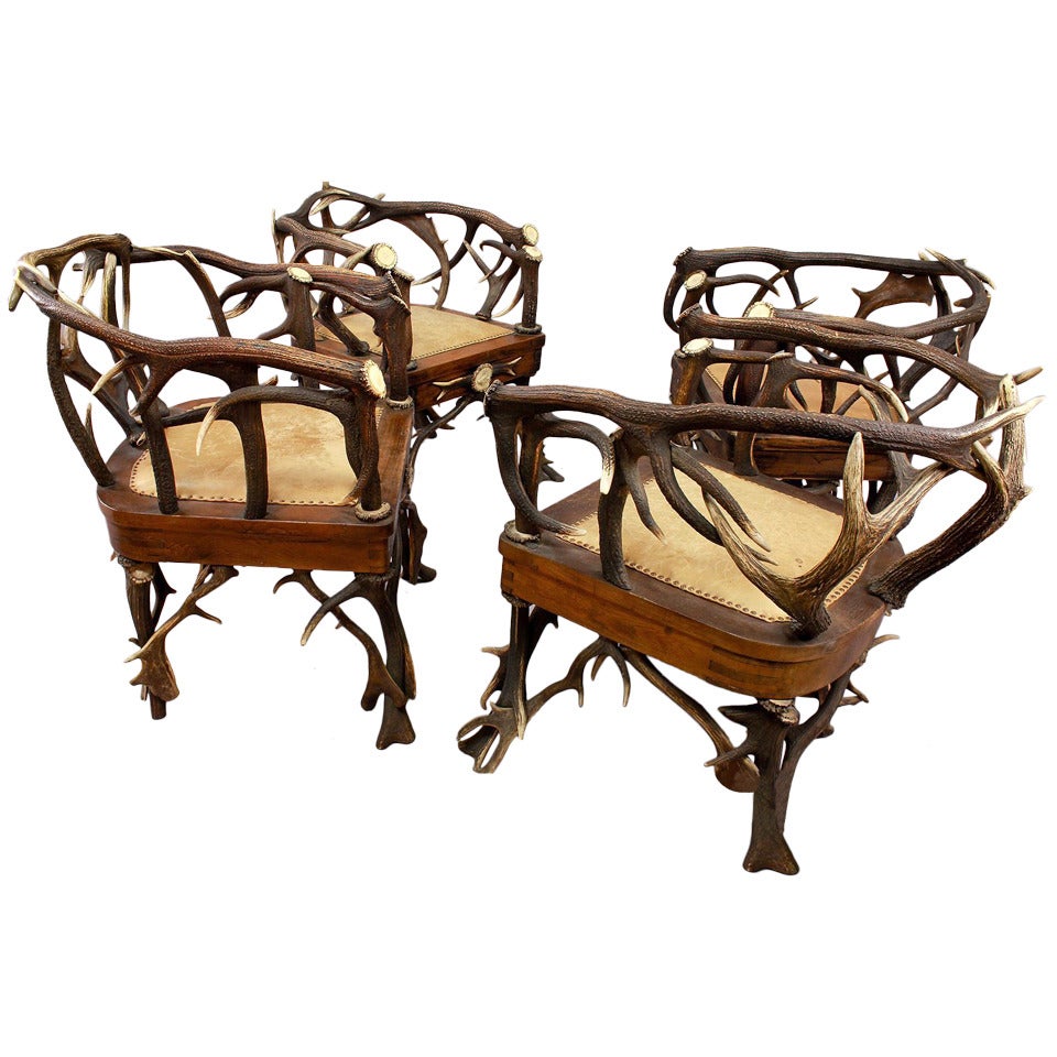 Set of Four Black Forest Antler Armchairs, circa 1900