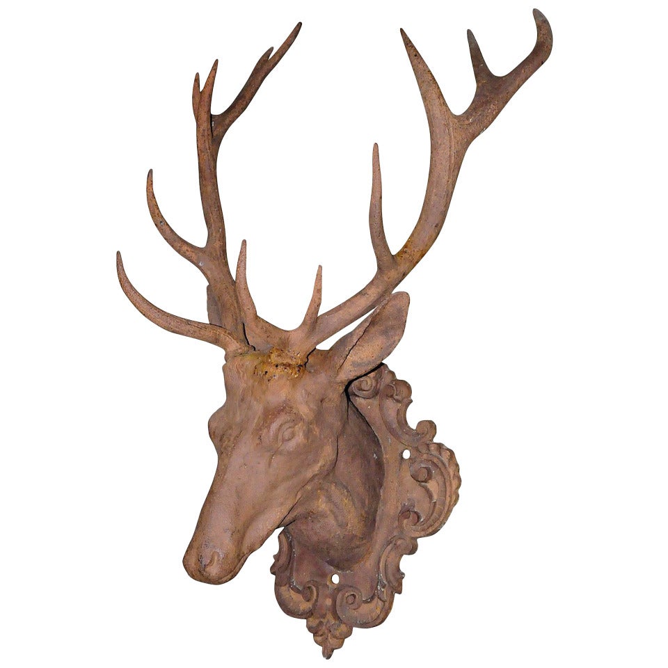 19th Century Life-Size Cast Iron Stag Head on Plaque