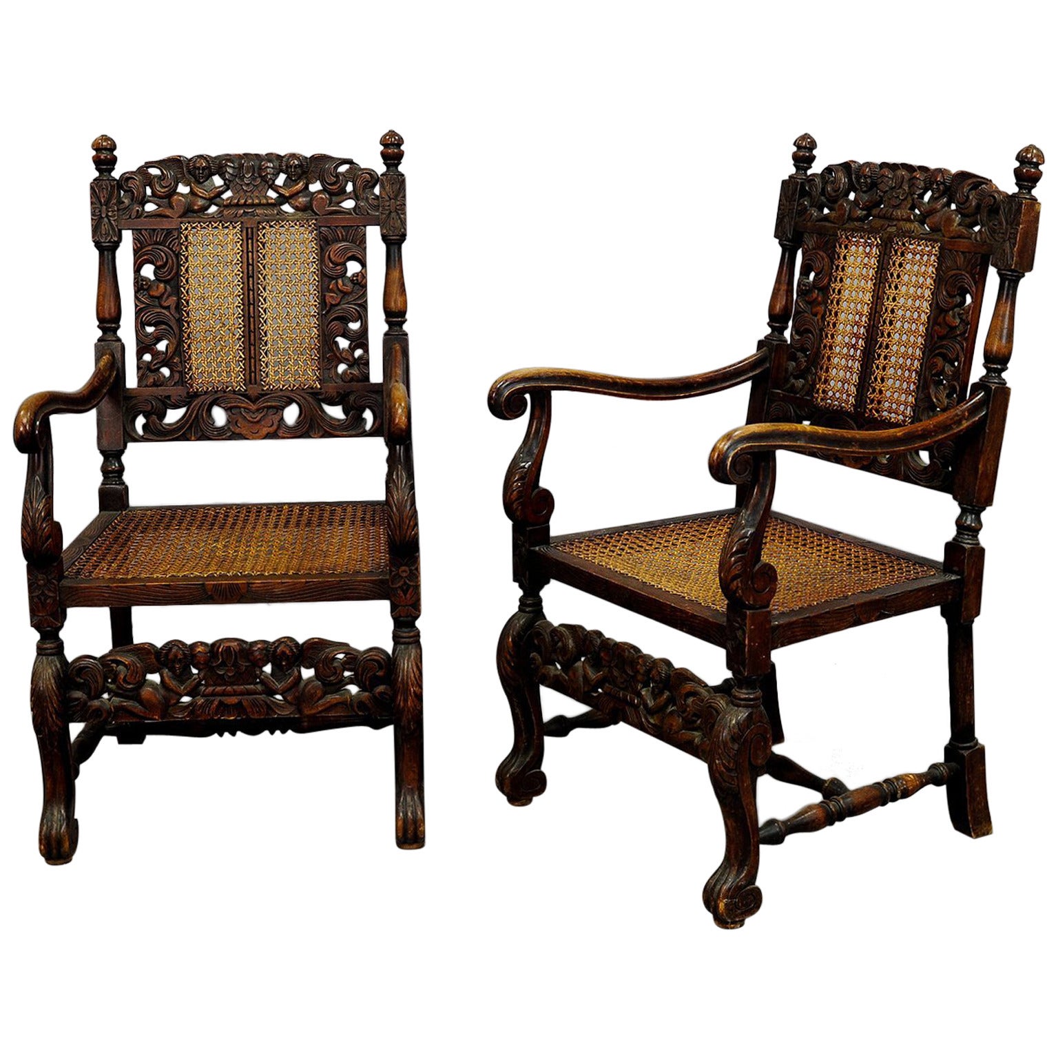 Pair of Carved Wood Armchairs with Great Cherub Carvings, circa 1900